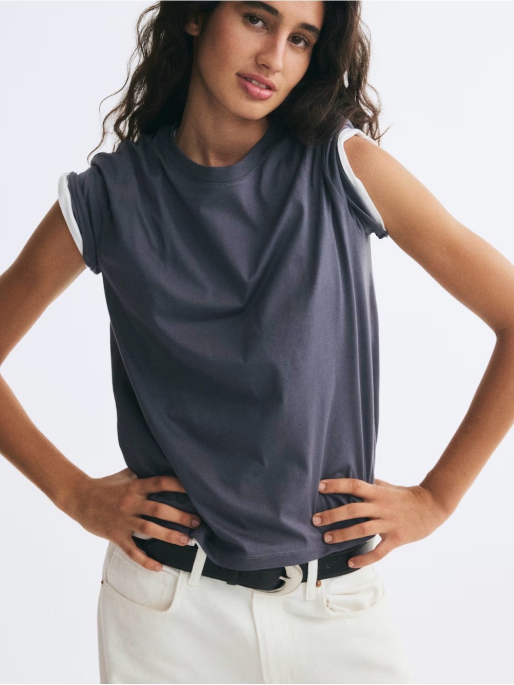 H&M Rolled Cuff Short Sleeve Tee in Charcoal Gray with White Trim